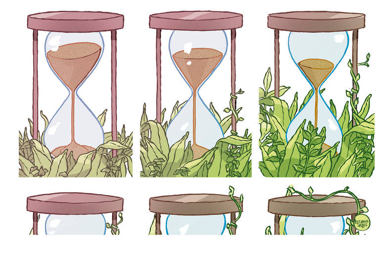 Ilustração mostra 3 relógios de areia com plantas em volta. Enquanto no primeiro, há mais areia do que planta, no terceiro isso se inverte.