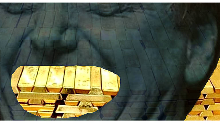 Ilustração que representa o vulto do rosto do presidente do Brasil, em cinza escuro, tendo na parte dos dentes o recorte de uma foto de barras de ouro douradas
