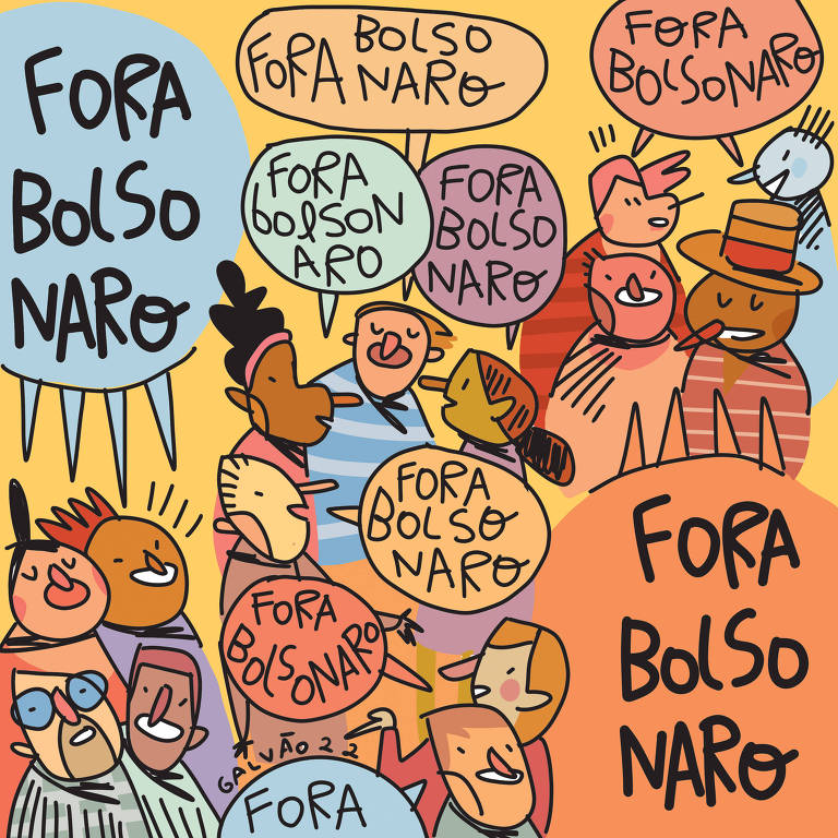 Na ilustração de Galvão Bertazzi vários personagens estão dizendo ao mesmo tempo: FORA BOLSONARO, na forma de balõezinhos típicos das histórias em quadrinhos, espalhados por todo o desenho