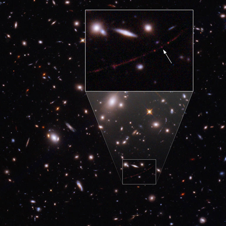 Um campo de galáxias, com destaque para a estrela mais distante já vista, em imagem do Hubble