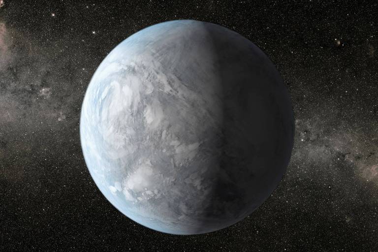 Representação artística do exoplaneta  Kepler-62e, que fica na zona habitável de um sol menor a 1.200 anos-luz da Terra