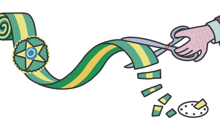 Ilustração que representa a faixa da Presidência do Brasil, verde e amarela, sendo cortada por uma tesoura, que contém um pingente com o a suástica nazista