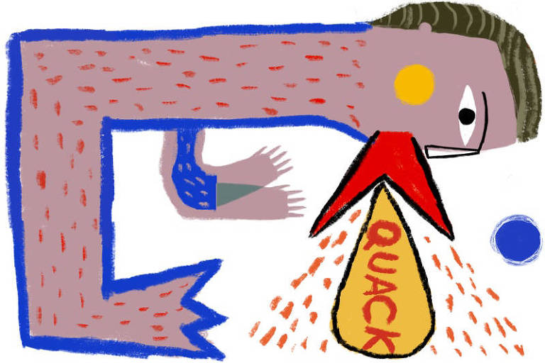 Ilustração que representa um ser com humanóide, com um bico vermelho aberto, do qual sai um balão amarelo onde se inscreve 'quack'