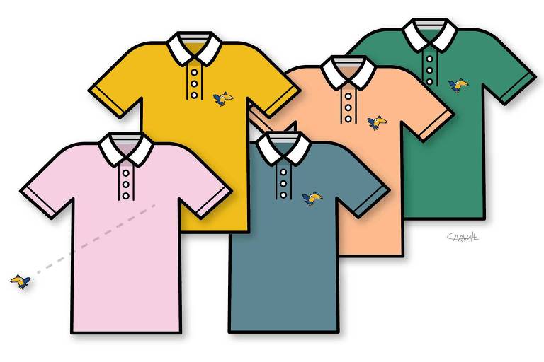 Ilustração de cinco camisas polo, cada uma de uma cor. A camisa polo mais a esquerda em rosa claro tem um pequeno tucano saindo dela e voando. Nas outras quatro, há um tucano desenhado no lado esquerdo no peito; elas são amarela, azul petróleo, laranja claro e verde.