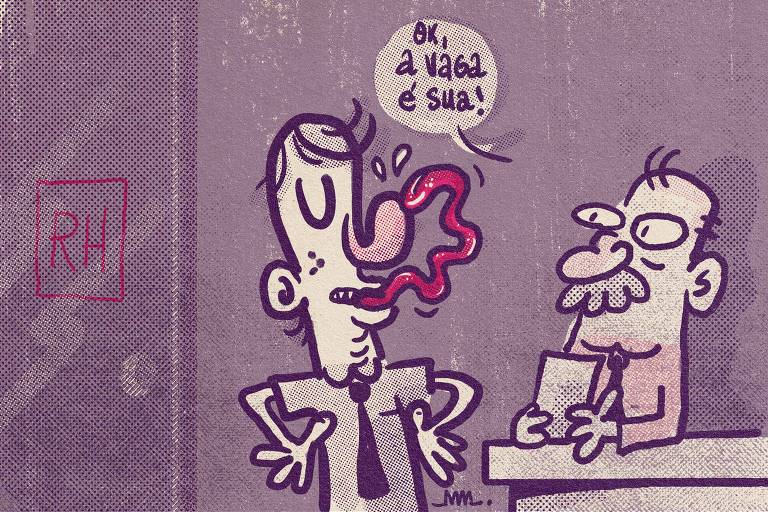 Na ilustração de Marcelo Martinez, em estilo cartum, um personagem coloca a língua para fora, encostando a ponta da mesma em seu próprio nariz. O gerente de RH, em sua mesa, diz: "ok, a vaga é sua!".