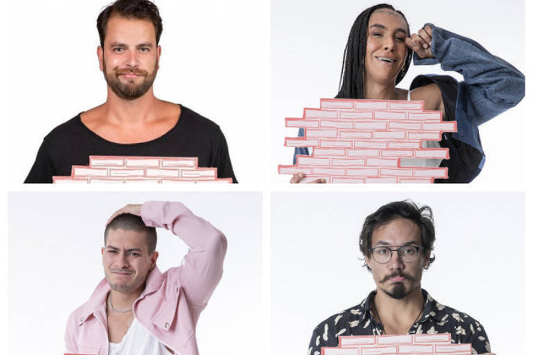 Montagem com Arthur Aguiar, Eliezer, Linna e Gustavo segurando cartazes que imitam tijolos