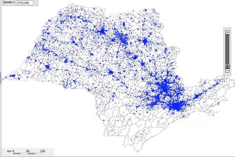 Mapa dos poços registrados que exploram águas subterrâneas no Estado de São Paulo.