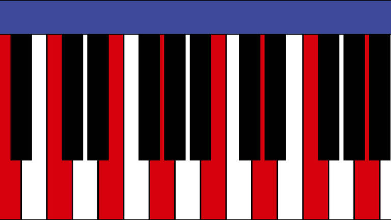 Ilustração que representa um teclado de piano, mas cujas teclas estão coloridas de vermelho e branco, e sobre as quais há uma faixa azul