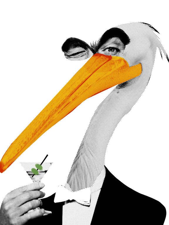 Ilustração que representa um cisne em preto e branco com olhos humanos, sendo que um dos olhos dá uma piscada. O cisne veste um terno com gravata borboleta e segura um drinque numa taça transparente