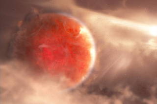 An artist's illustration shows a massive, newly forming exoplanet called AB Aurigae b.