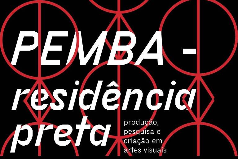 Cartaz do programa "Pemba", do Sesc, de residência artística para criadores vinculados à produção afro-brasileira, com fundo negro e círculos e losangos em vermelho