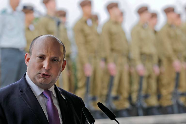 O primeiro-ministro de Israel, Naftali Bennett, durante cerimônia de homenagem aos soldados da batalha de Tel Hai