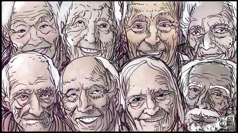 Em close bastante aproximado e ocupando todo o espaço da ilustração, o rosto de 8 pessoas centenárias, 4 homens e 4 mulheres representando etnias diversas. Todos sorriem com saúde para o observador 