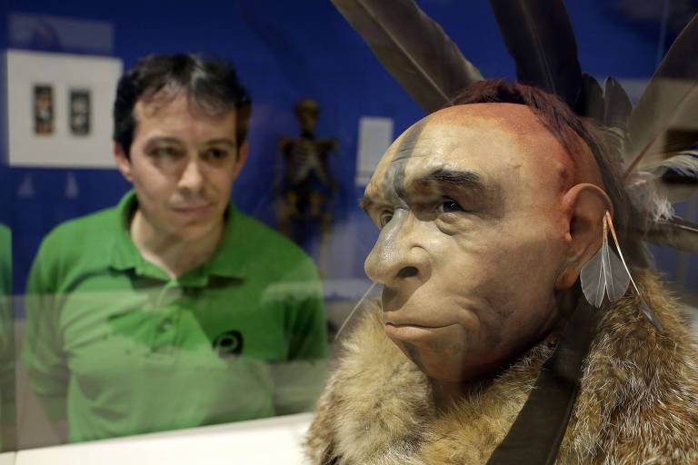 Homem de camisa polo verde observa reconstrução artística de neandertal pelo vidro de um museu