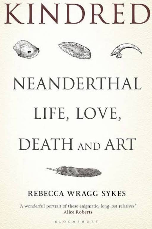 Capa de livro sobre neandertais com artefatos antigos desenhados 