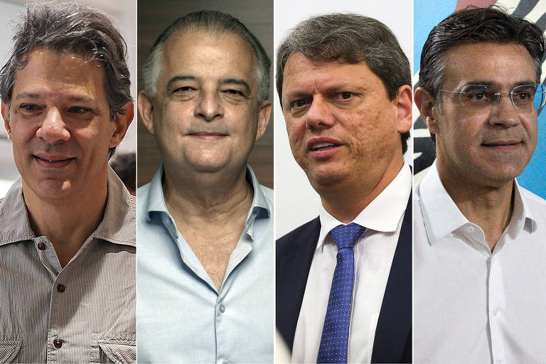 Montagem com os pré-candidatos Fernando Haddad (PT), Márcio França (PSB), Tarcísio de Freitas (Republicanos) e Rodrigo Garcia (PSDB)