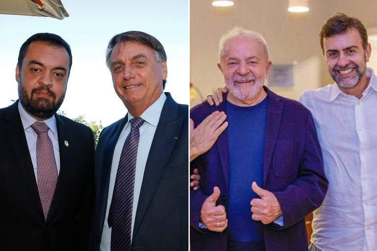 Na montagem, Claudio Castro e Jair Bolsonaro, e Lula e Marcelo Freixo