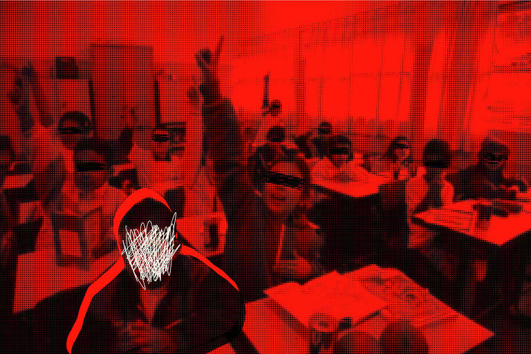 Colagem digital de foto de sala de aula em vermelho e preto. No rosto de quase todas as crianças, um rabisco preto cobre os olhos, menos de uma, bem na frente, que tem o rosto todo rabiscado em branco.