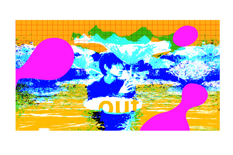 A ilustração de Adams Carvalho, publicada na Folha de S.Paulo no dia 10 de abril de 2022, mostra o desenho de um homem dentro de uma lagoa rodeado por plantas, usando uma grande folha como guarda-chuva. a imagem é multicolorida adquirindo um aspecto meio abstrato.