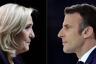A combination picture shows portraits of Le Pen and Macron running for the second round of the 2022 French Presidential election