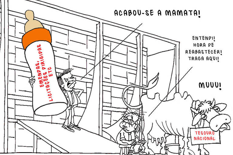 A charge apresenta uma cena no Palácio do Planalto, em Brasília. No alto da rampa, aparece o presidente Jair Bolsonaro. Ele segura uma mamadeira gigante, de tampa vermelha e bico marrom. Nela está escrito: emendas, licitações dirigidas etc. Ao pé da rampa está o ministro da Economia, Paulo Guedes, sentado em um banquinho, de mangas arregaçadas. Ao seu lado há um balde e uma vaca leiteira magra, com costelas aparecendo. Ela muge e em seu pescoço há iuma placa com com o texto Tesouro Nacional. O presidente diz: - Acabou-se a mamata! E Paulo Guedes  fala: - Entendi! Hora de reabastecer! Traga aqui!