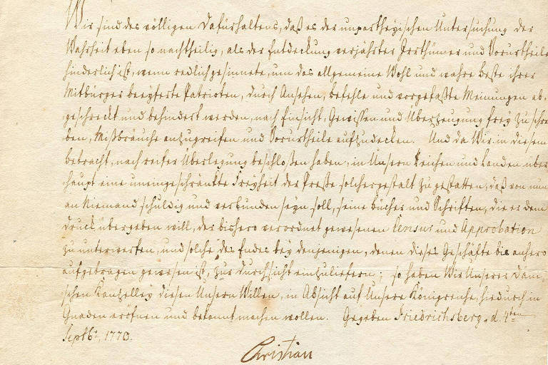 Fac-símile do édito, decretado em 4 de setembro de 1770 na Dinamarca, considerado precursor das garantias de liberdade de imprensa