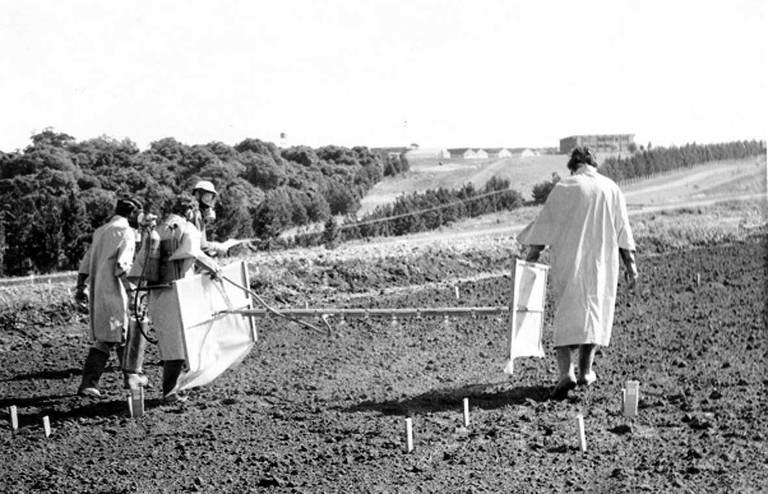 Foto em preto e branco. Pessoas trabalham em campo aberto, medindo o solo