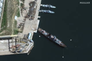 A satellite image shows a view of Russian Navy's guided missile cruiser Moskva at port, in Sevastopol