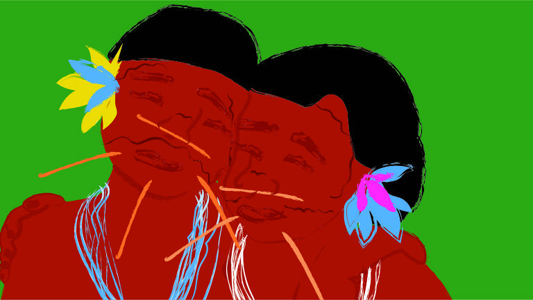 Na ilustração, de fundo verde, estão localizadas as figuras de duas mulheres Yanomami,  Elas têm cabelos pretos,usam adornos corporais de sua etnia e aparecem com o rosto para frente, enquanto estão em um abraço de lado, onde uma passa o braço sobre o ombro da outra