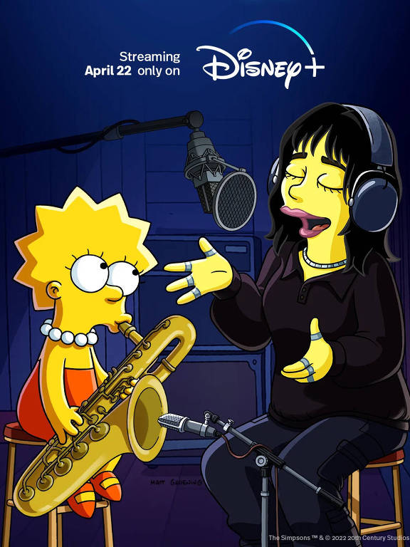 Cartaz de seriado que representa, abaixo de letreiro com o nome do episódio, a personagem Lisa segurando um saxofone ao lado de uma personagem com cabelos negros e com fones de ouvido cantando num microfone