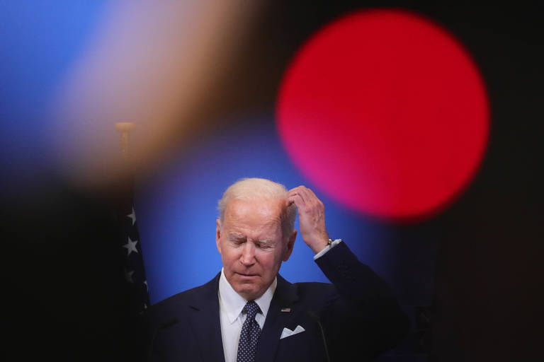 O presidente americano, Joe Biden, em entrevista coletiva na sede da Otan, a aliança militar ocidental, em Bruxelas, na Bélgica