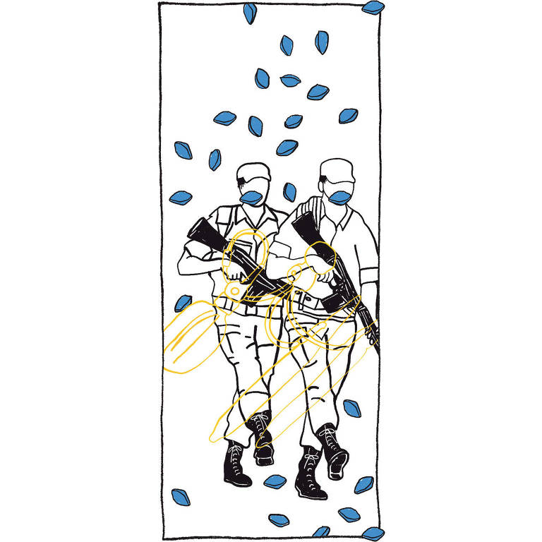No desenho de Luiza Pannunzio, há dois soldados do exército com suas roupas tradicionais e armas pesadas em punho. Usando bonés e coturnos pretos, marcham - estão em movimento, enquanto inúmeros comprimidos azuis - VIAGRA - caem sobre eles. Sobreposta a esta imagem há o desenho desproporcional de uma prótese peniana em amarelo - na altura da cintura dos dois personagens.
