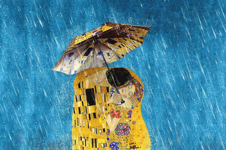 Na colagem digital de Marcelo Martinez, os personagens da tela "O beijo", de Gustav Klimt, se beijam sob um forte temporal, protegidos por um guarda-chuvas com a estampa da famosa tela.