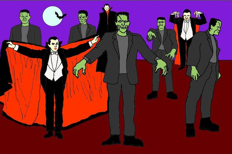 A ilustração de Annette Schwartsman, publicada na Folha de São Paulo no dia 17 de abril de 2022, mostra uma cena de um filme de terror: são cinco Frankensteins e três Dráculas, além de um morcego, numa noite de lua cheia, sob o céu violeta. Algumas dessas figuras estão em posições ameaçadoras, com braços estendendidos e mãos com dedos em forma de garras e unhas longas. Os Frankensteins têm a pele em tom esverdeado e vestem ternos cinzas-escuro, camisas cinzas e coturnos pretos. Os Dráculas usam ternos e sapatos pretos, coletes, camisas e gravatas-borboleta brancas, além de capas pretas com os forros vermelhos.