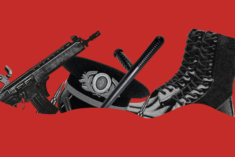 Ilustração que representa uma colagem de fotos em preto e branco de uma metralhadora, um cassetete, coturnos e chapéus militares sobre um fundo vermelho