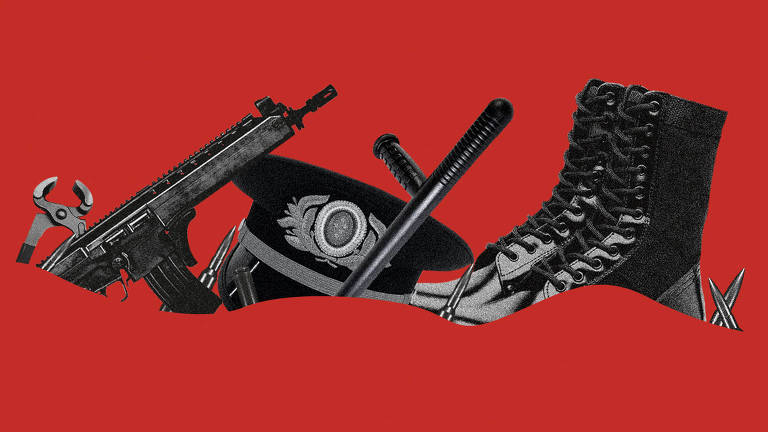 Ilustração que representa uma colagem de fotos em preto e branco de uma metralhadora, um cassetete, coturnos e chapéus militares sobre um fundo vermelho