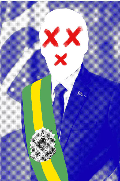 Ilustração que representa o vulto do presidente Bolsonaro em foto desbotada em tons de azul, sendo desenhados "Xs" vermelhos no lugar dos olhos e da boca