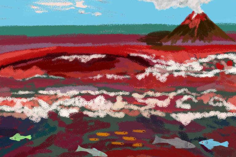 Arte ilustra um vulcão em atividade rodeado por um mar em tom avermelhado; sob as ondas há peixes
