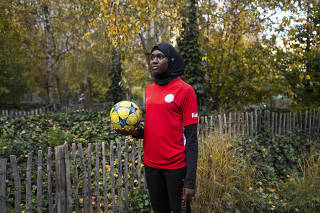 Founé Diawara, president of Les Hijabeuses, an informal group of women, with 80 members, who play soccer wearing the hijab, in a Paris suburb, Nov. 14, 2021. (Monique Jaques/The New York Times)