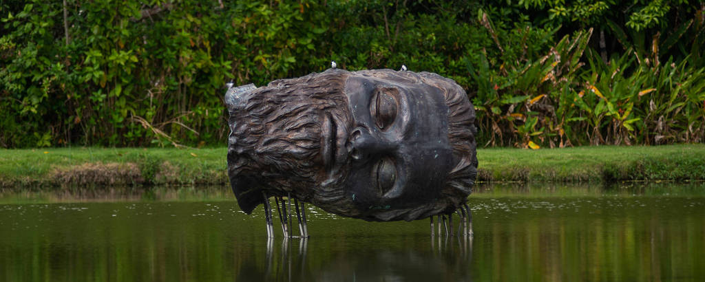 Obra de arte com uma cabeça em bronze virada de lado em meio a uma lagoa