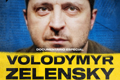 Capa do documentário em áudio “Volodymyr Zelensky - Um Presidente sob Holofotes”; o programa original foi produzido pelo podcast sueco Spotify Dok e teve a versão brasileira adaptada pela equipe do Café da Manhã