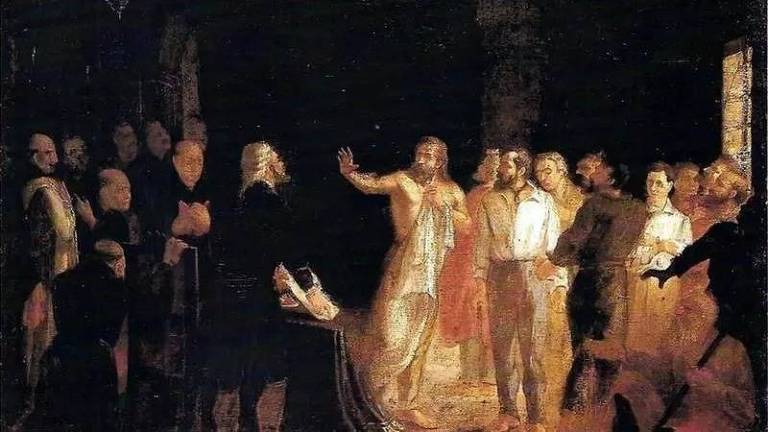 Tiradentes recebendo a setença de morte, em pintura de Leopoldino de Faria
