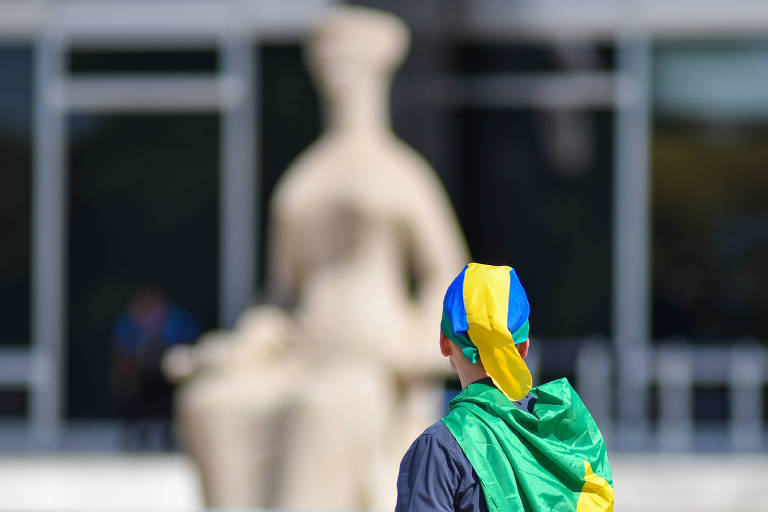 De costas, uma pessoa com banceira do Brasil e um gorro azul diante de uma cerca de ferro. Atrás dela, está a estátua da Justiça e ao fundo o prédio do STF