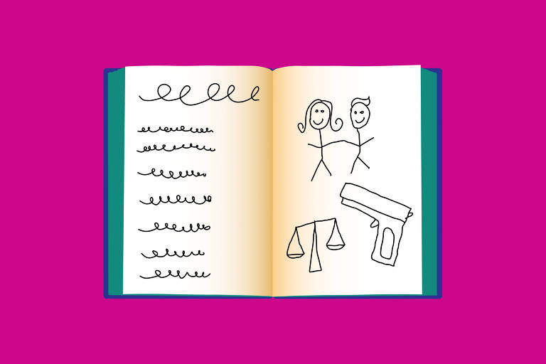 A ilustração mostra um dicionário aberto com ilustrações de palito de um casal, um revólver e uma balança em uma página e na outra página uma descrição escrita com molas.