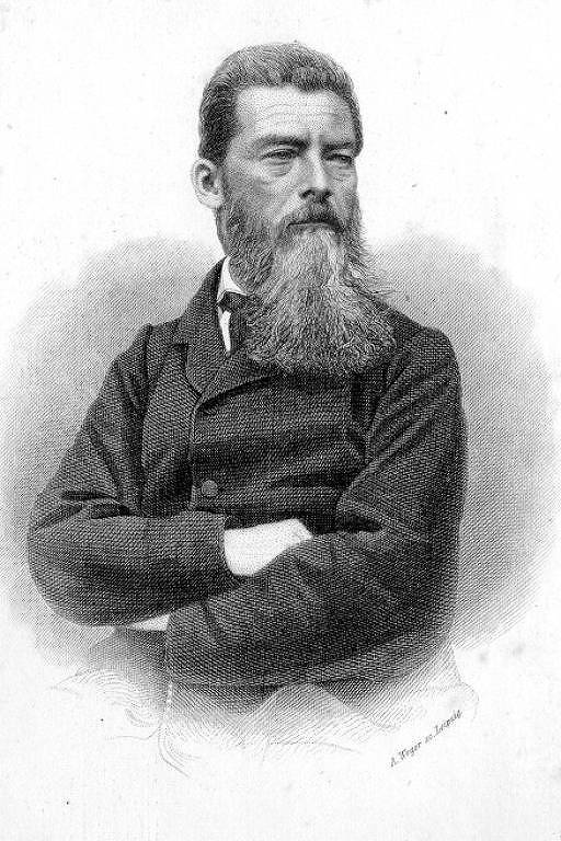 homem branco de barba longa branca e braços cruzados em gravura em preto e branco
