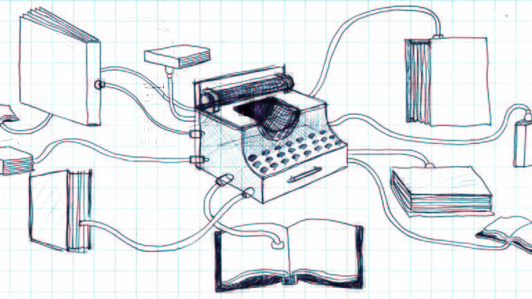 Ilustração que representa uma máquina de escrever, desenhada com traços a lápis, conectada por meio de fios a livros abertos ou fechados dispostos ao seu redor