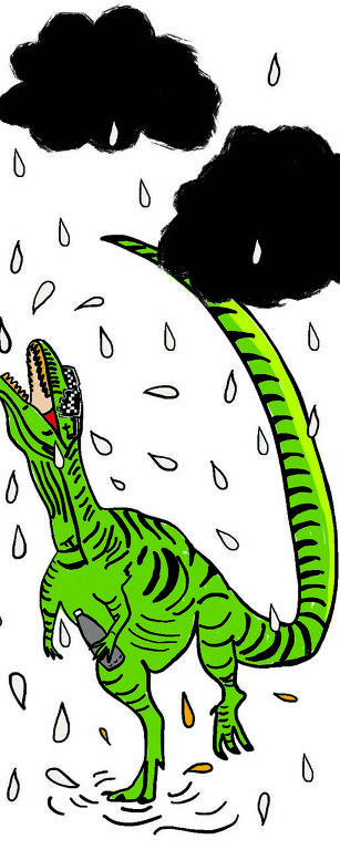 No desenho de Luiza Pannunzio, há um dinossauro verde com listras pretas por todo corpo, de pescoço e cauda tão longas - que quase alcançam duas nuvens pretas, densas de chuva que do topo do desenho, deságuam de gota em gota por todo espaço. O dinossauro usa um óculos de sol e mantém a boca aberta para hidratar-se com a chuva. Tem braços curtinhos e segura na mão esquerda uma garrafa de inox de água - daquelas que prometem manter a temperatura do líquido contido por horas e que - parece ser hoje em dia, um equipamento indispensável a quem deseja salvar o planeta.  A chuva satisfaz o dinossauro que caminha com alegria - salivando, transpirando, sob um solo encharcado de água e urina - logo a evaporar