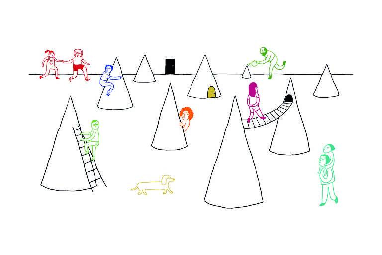 A ilustração digital apresenta diversas personagens interagindo com cones de diferentes tamanhos em um espaço branco.  Da esquerda para a direita e de cima para baixo: Duas personagens vermelhas andando de mãos dadas; uma personagem azul escura abraçando um cone; uma personagem verde escura regando um cone com um regador; uma personagem laranja se revelando de trás de um cone; uma personagem púrpura andando sobre uma ponte que liga dois cones; uma personagem verde clara de óculos escuros subindo uma escada apoiada em um cone; um cachorro salsicha mostarda caminhando; uma personagem azul clara carregando uma criança nos ombros. No fundo está desenhada uma linha do horizonte com uma pequena porta preta.