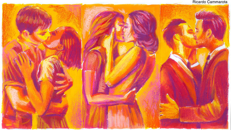 A imagem, na horizontal, apresenta 3 quadros sequenciais de casais se beijando. No primeiro, à esquerda: um homem e uma mulher, ao centro: duas mulheres e à direita: dois homens.