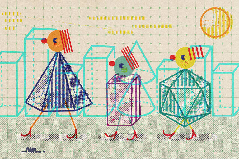 Na ilustração de Marcelo Martinez, sólidos geométricos formam três figuras femininas estilizadas. Elas caminham, tendo como fundo uma cidade igualmente criada por formas geométricas.